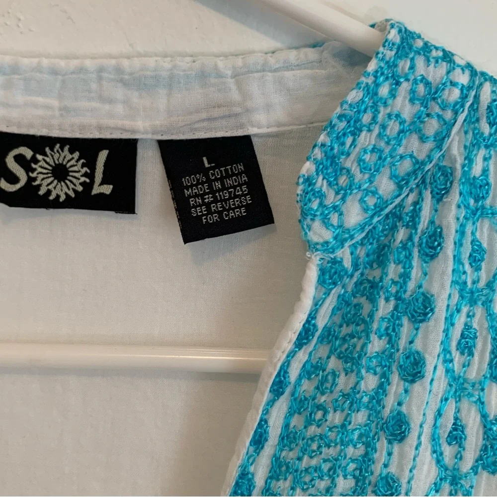 SOL India Gauze Turquoise Embroidery Coverup Tunic Large